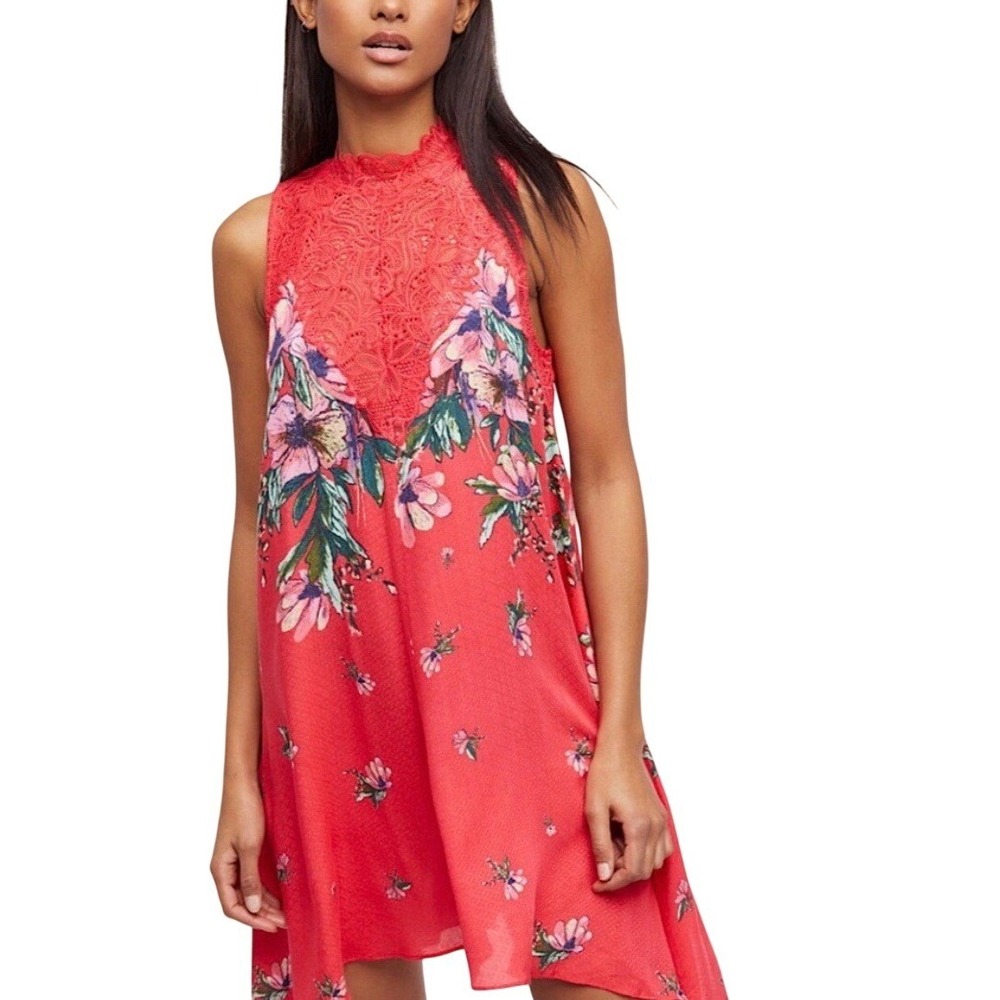 Free People Intimately Red Floral Lace High Neck Mini Dress Sleeveless Swing Med